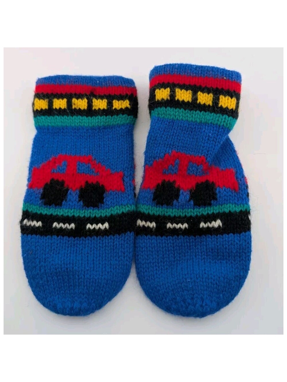 Vintage Kids Knit Mittens Avon Boys Cars Blue Red Yellow Winter Ages 3-7